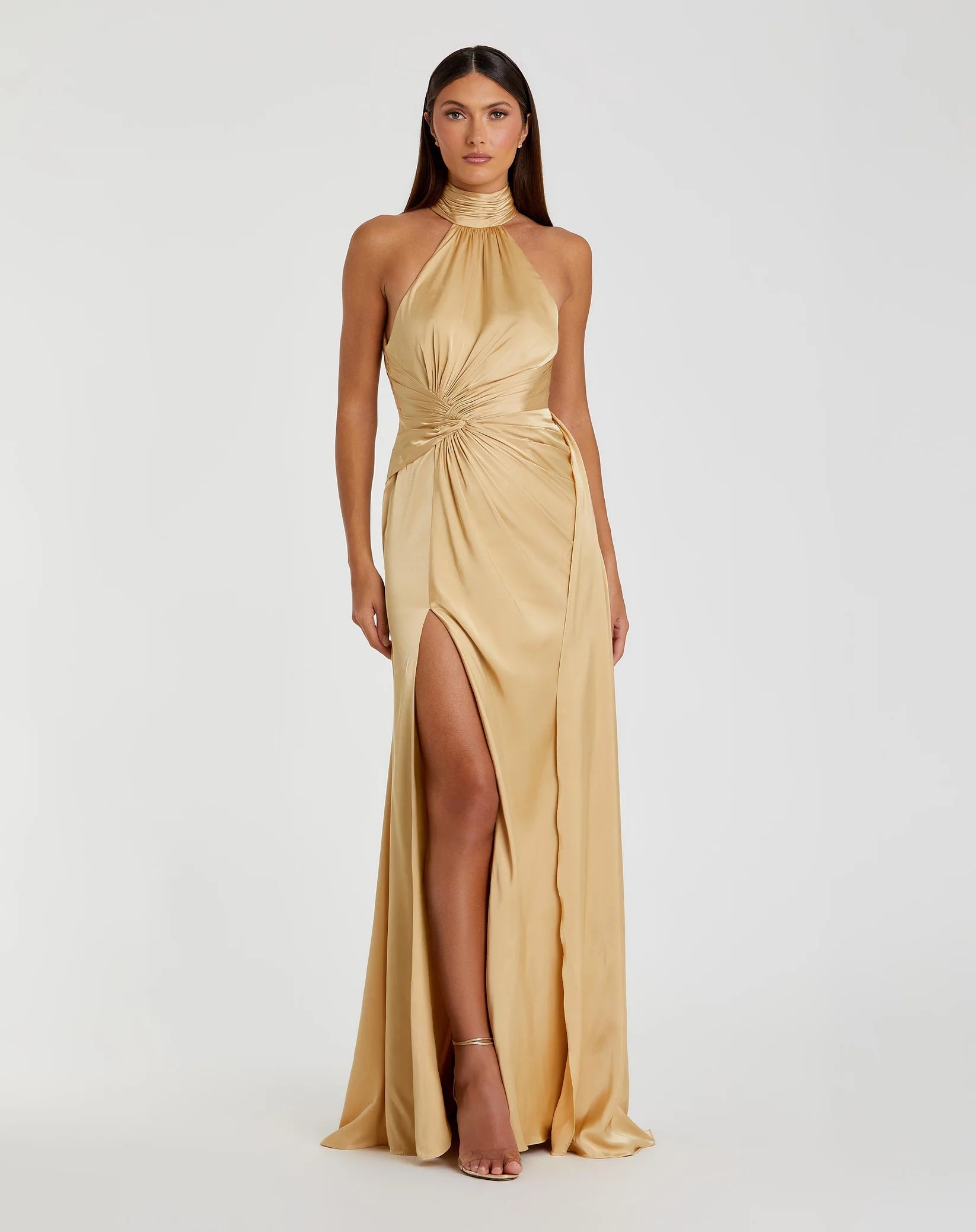 Mac Duggal Open Back High Neck Side Ruched Gown #11642 Gold