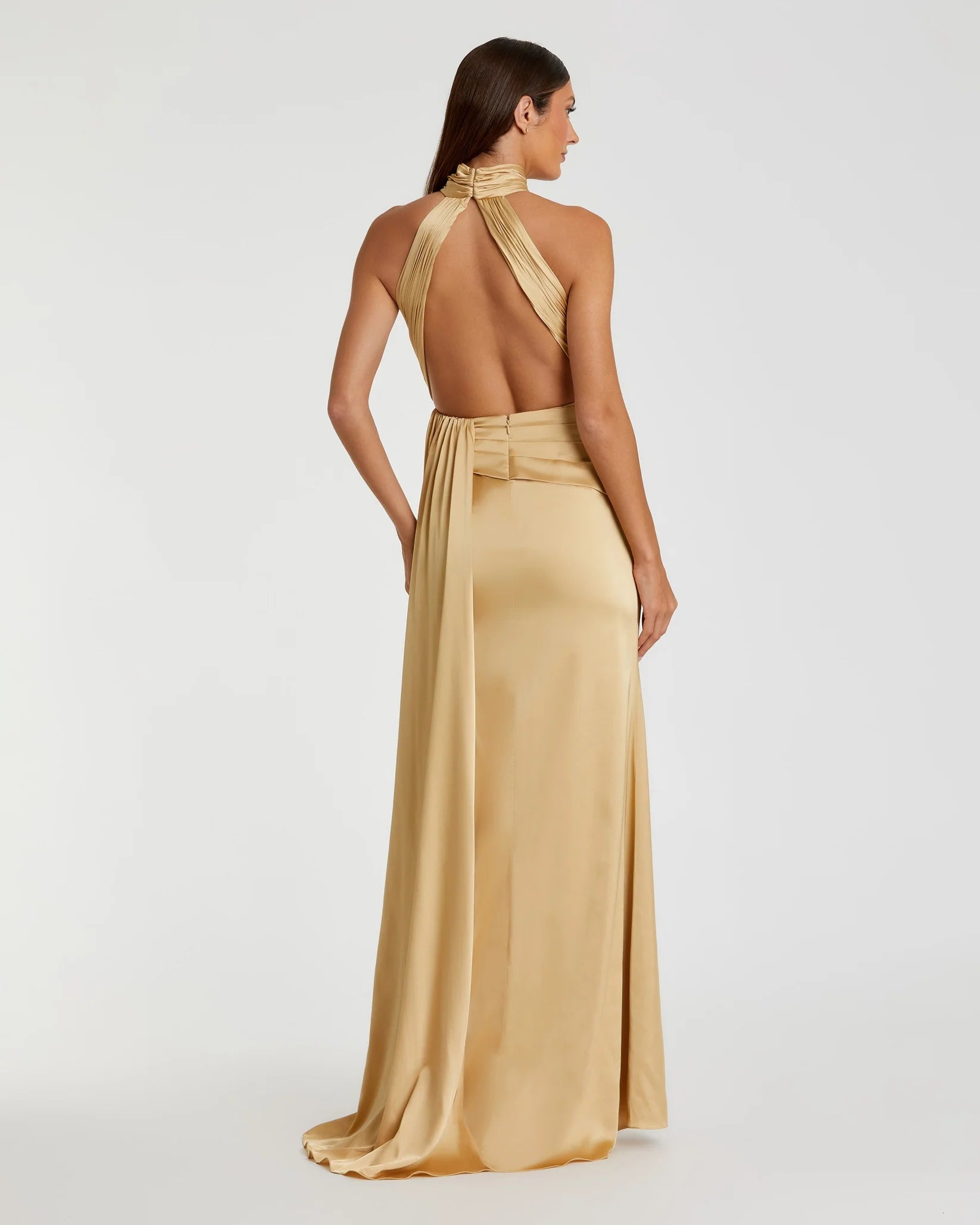 Mac Duggal Open Back High Neck Side Ruched Gown #11642 Gold