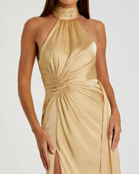 Mac Duggal Open Back High Neck Side Ruched Gown #11642 Gold