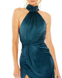Available in Ocean & Shell Pink  Style #11642 Designer: Mac Duggal OPEN BACK HIGH NECK SIDE RUCHED GOWN close up