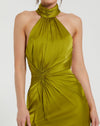 Open back high neck ruched gown - Sage