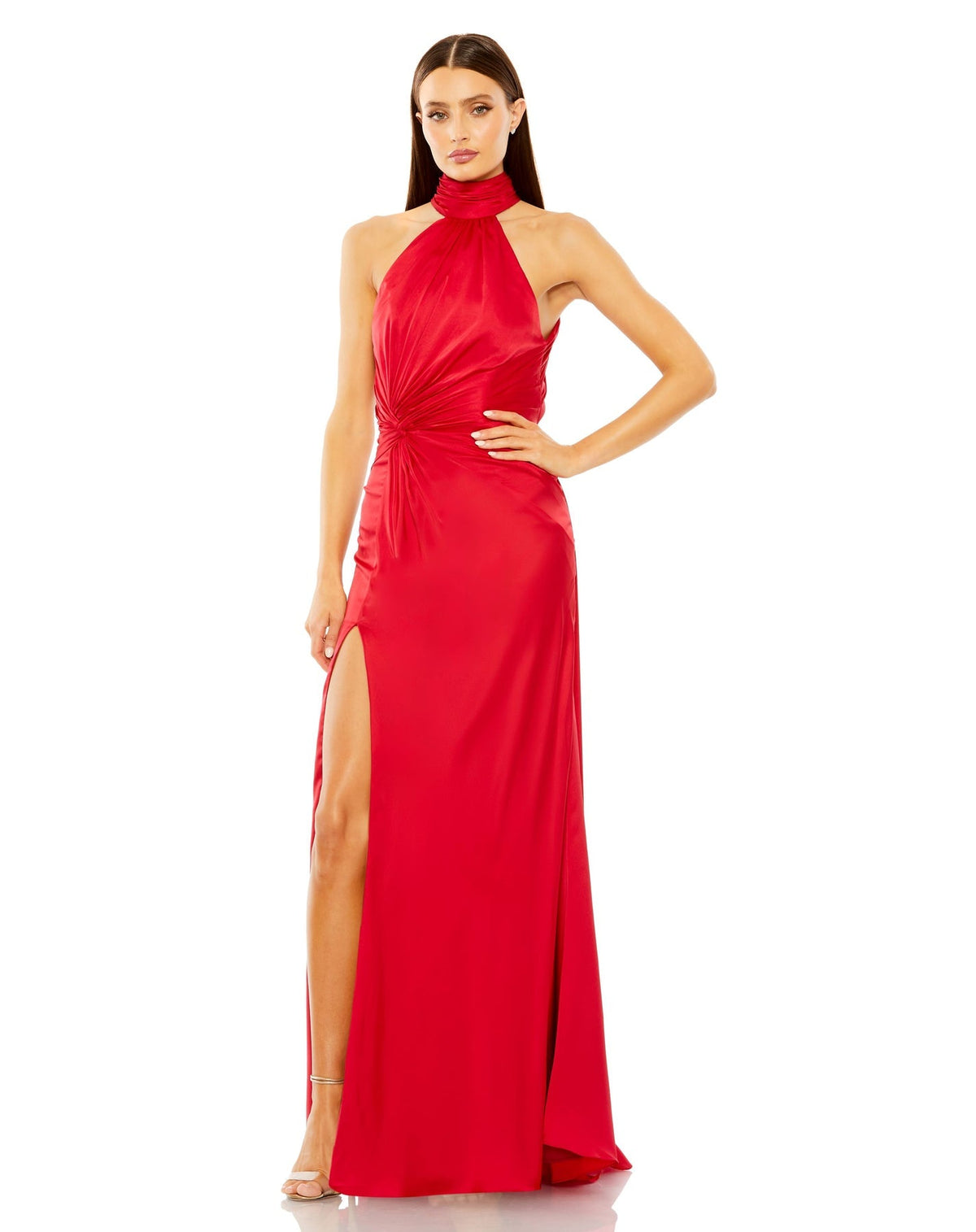 #11642 Designer: Mac Duggal OPEN BACK HIGH NECK SIDE RUCHED GOWN close up red