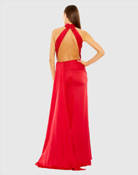 Open back high neck ruched gown - Sage