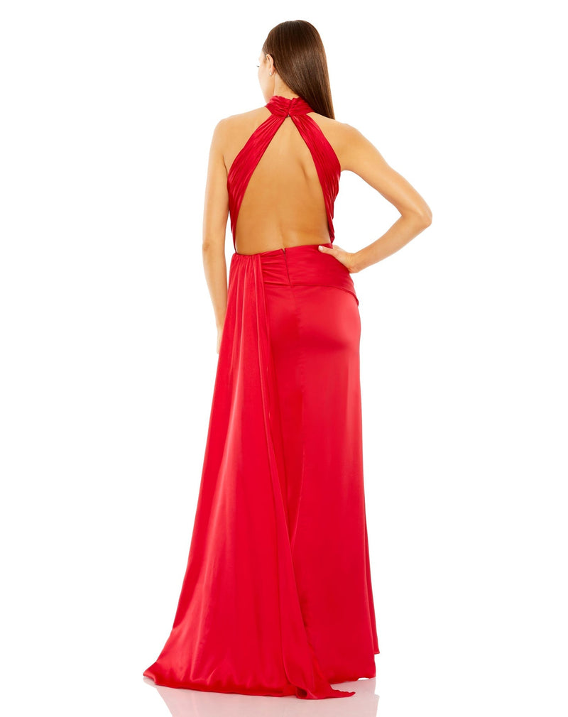 #11642 Designer: Mac Duggal OPEN BACK HIGH NECK SIDE RUCHED GOWN close up red back view