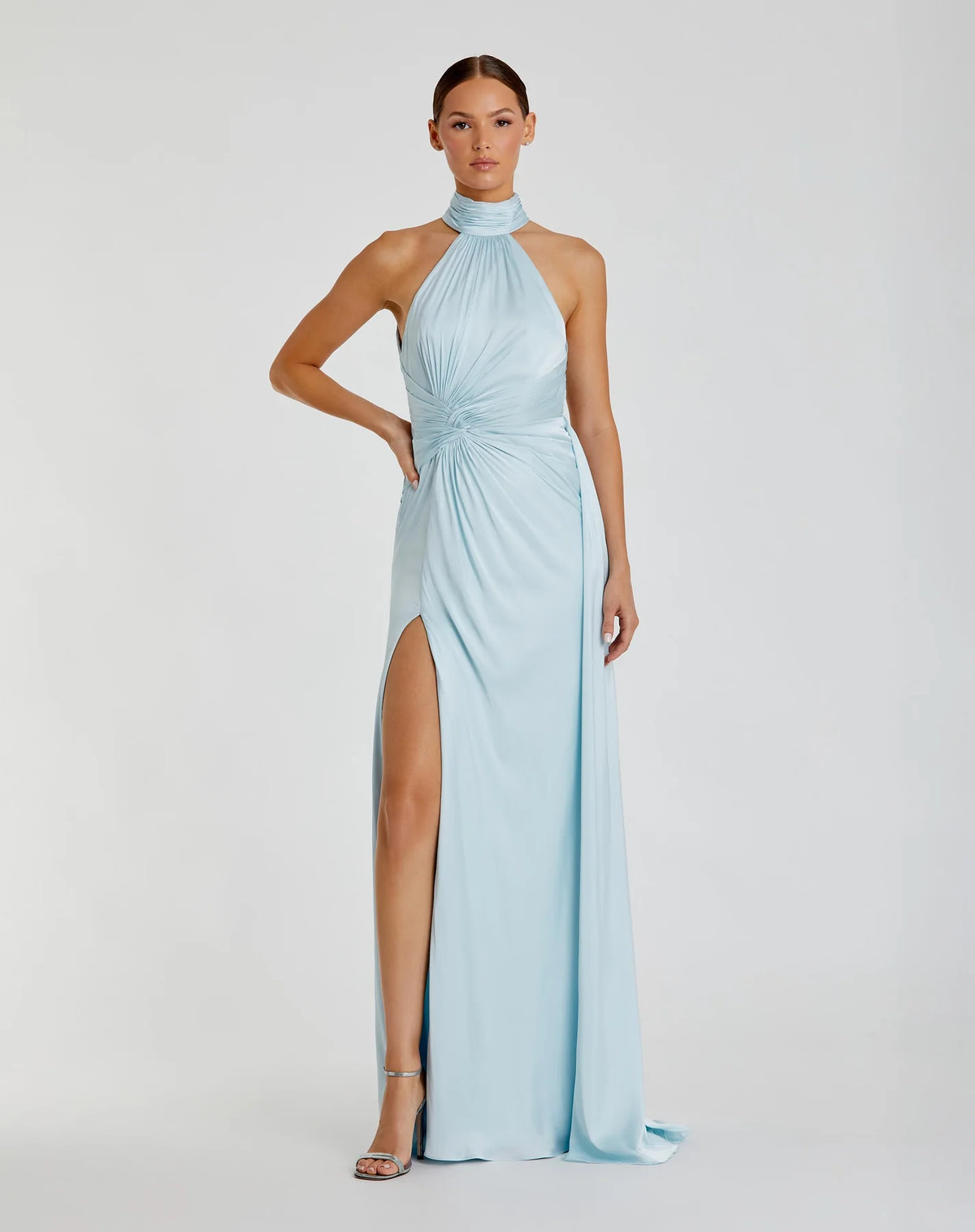 Mac Duggal Open Back High Neck Side Ruched Gown #11642 Powder Blue Mac Duggal Open Back High Neck Side Ruched Gown #11642 Powder Blue