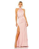 Available in Ocean & Shell Pink  Style #11642 Designer: Mac Duggal OPEN BACK HIGH NECK SIDE RUCHED GOWN