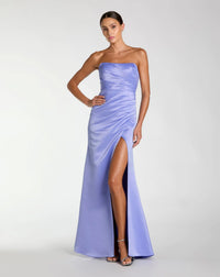 Turquoise strapless gathered thigh split gown