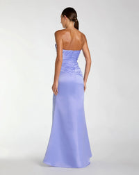 Turquoise strapless gathered thigh split gown