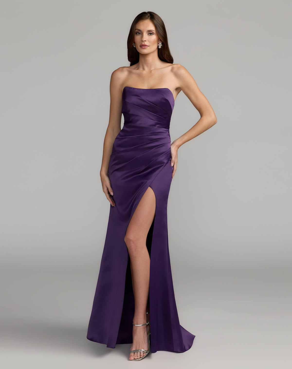 Mac Duggal #11653 dark purple strapless satin gown with high slit