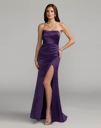 Mac Duggal #11653 dark purple strapless satin gown with high slit