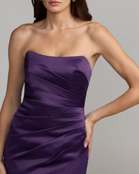 Mac Duggal #11653 dark purple satin gown close-up