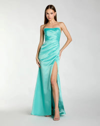Mac Duggal Turquoise Blue Strapless Gathered High Slit Gown #11653 at SHAIDE 