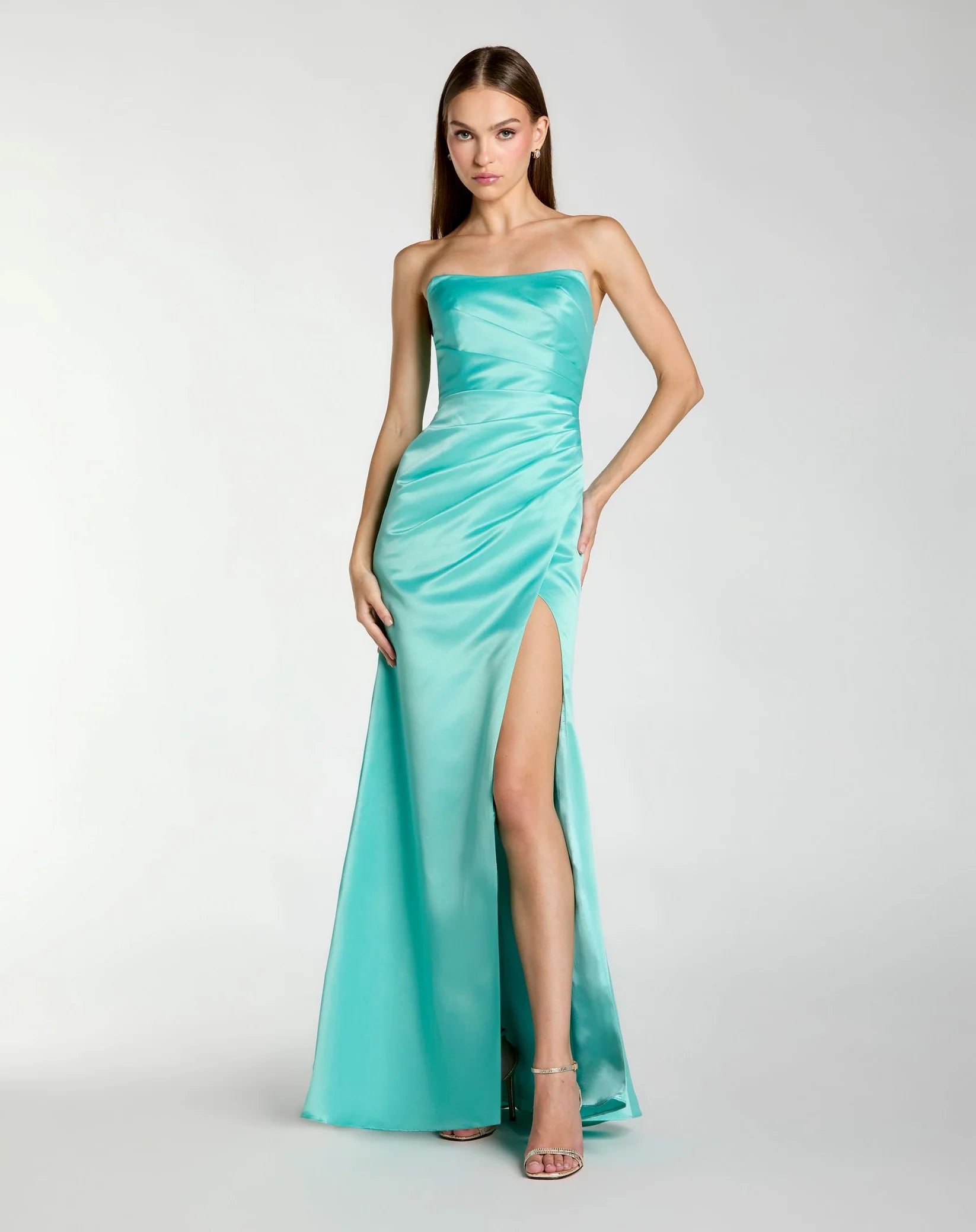 Mac Duggal Turquoise Blue Strapless Gathered High Slit Gown #11653 at SHAIDE 
