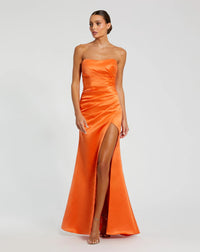 Mac Duggal Orange Strapless Gathered High Slit Gown #11653 