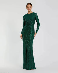 Mac Duggal 11659 Emerald sequined long sleeve side knot gown - front