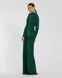 Mac Duggal 11659 Emerald sequined long sleeve side knot gown