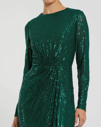 Mac Duggal 11659 Emerald sequined long sleeve side knot gown