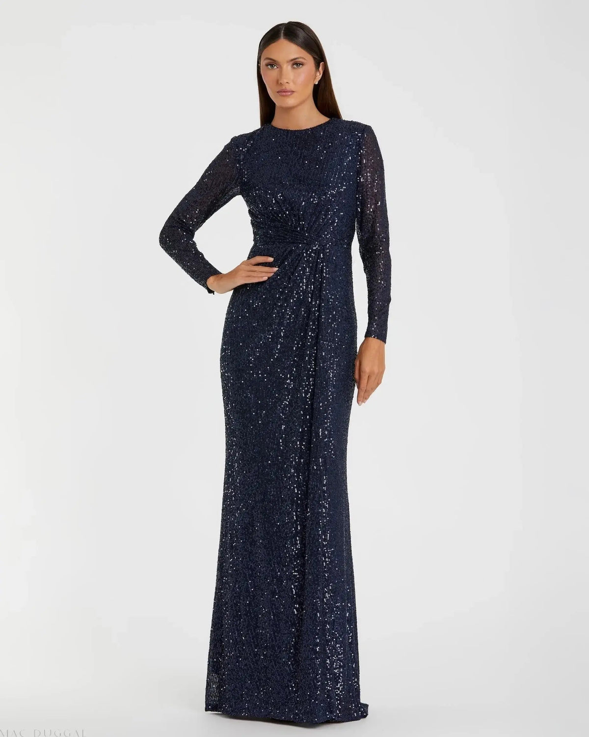 Mac Duggal 11659 Midnight sequined long sleeve side knot gown - front