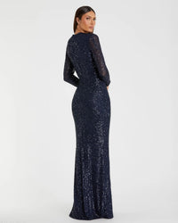 Mac Duggal 11659 Midnight sequined long sleeve side knot gown - back