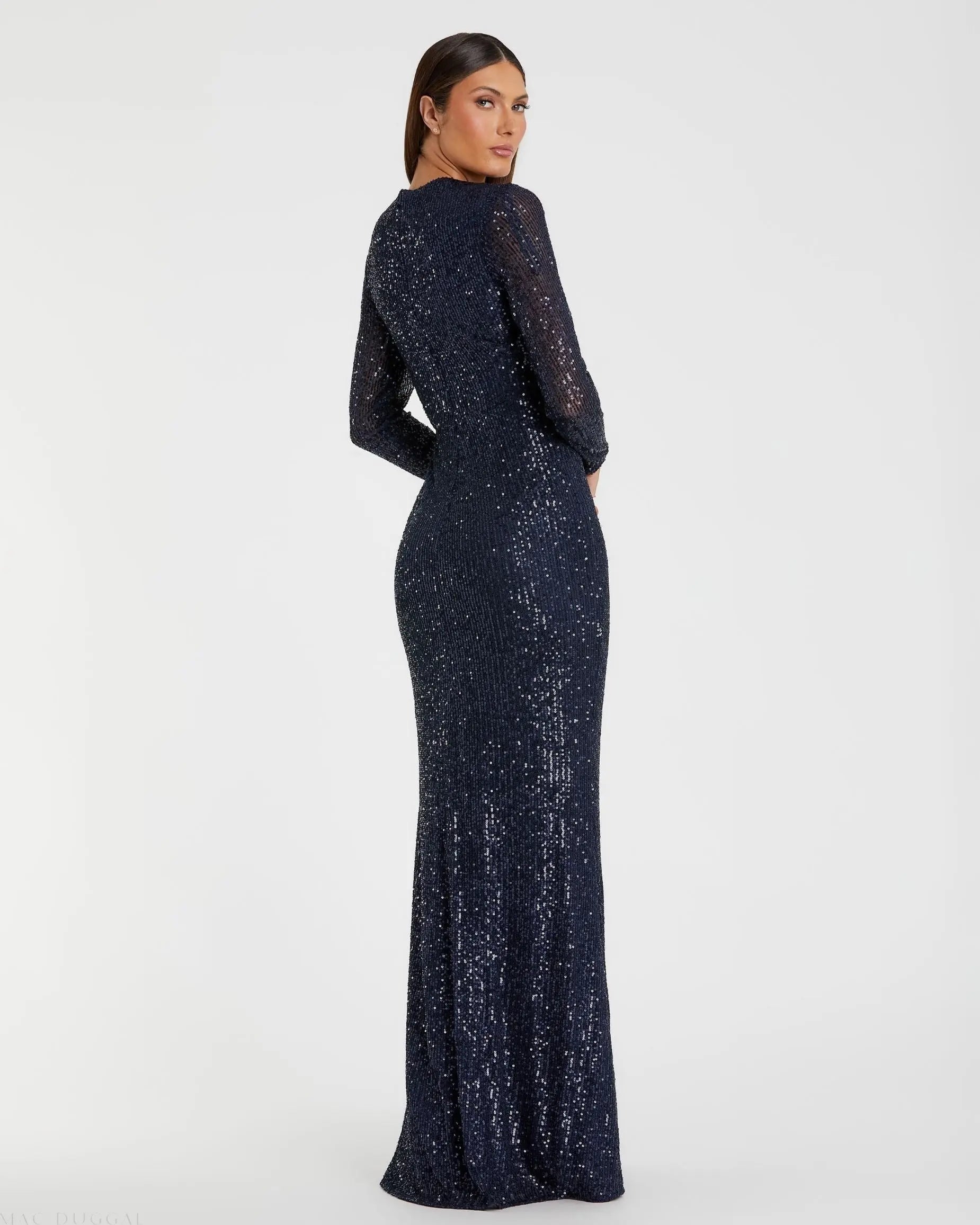 Mac Duggal 11659 Midnight sequined long sleeve side knot gown - back
