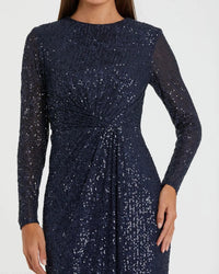 Mac Duggal 11659 Midnight sequined long sleeve side knot gown - detail