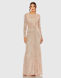 Mac Duggal 11659 Rose Gold sequined long sleeve side knot gown - front