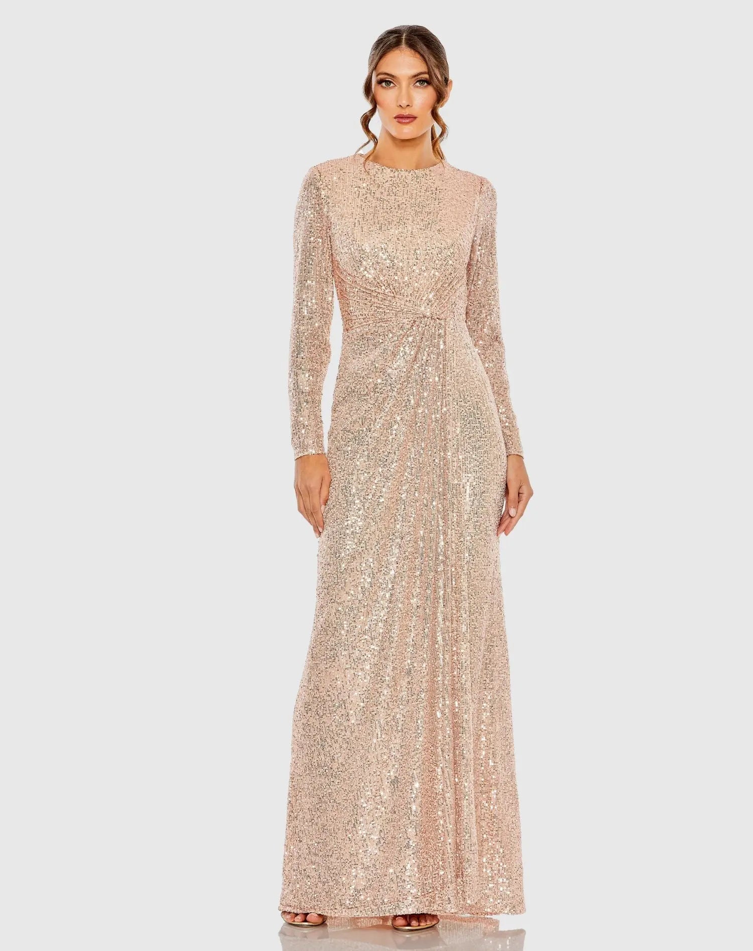 Mac Duggal 11659 Rose Gold sequined long sleeve side knot gown - front