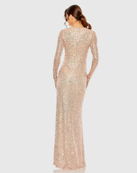 Mac Duggal 11659 Rose Gold sequined long sleeve side knot gown