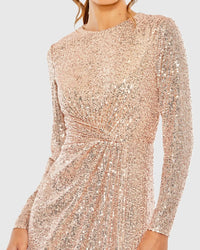 Mac Duggal 11659 Rose Gold sequined long sleeve side knot gown
