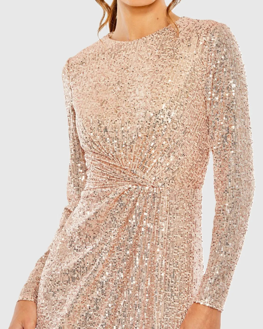 Mac Duggal 11659 Rose Gold sequined long sleeve side knot gown