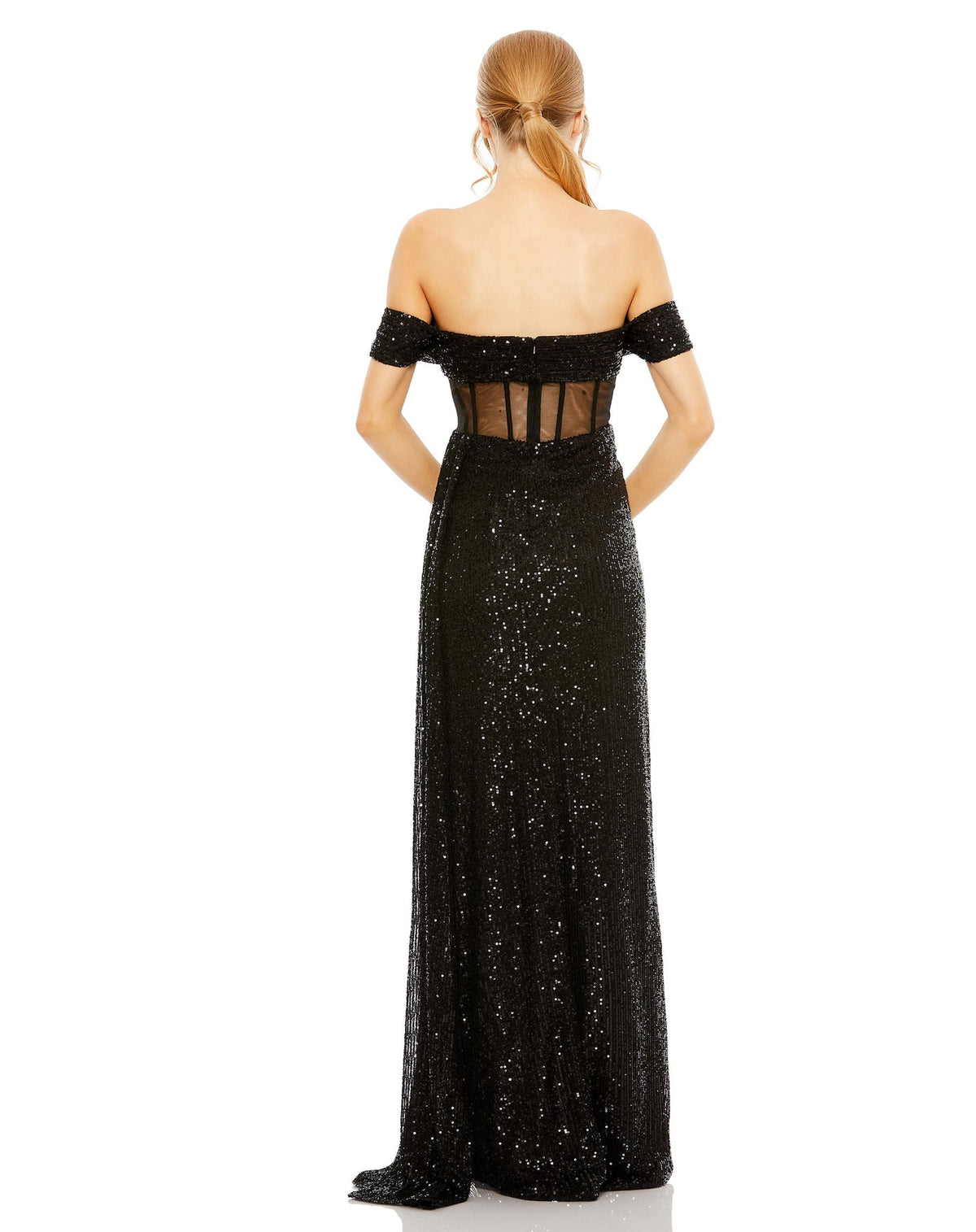 SEQUINED GOWN WITH SHEER CORSET WAIST AND SLIT black sequin back