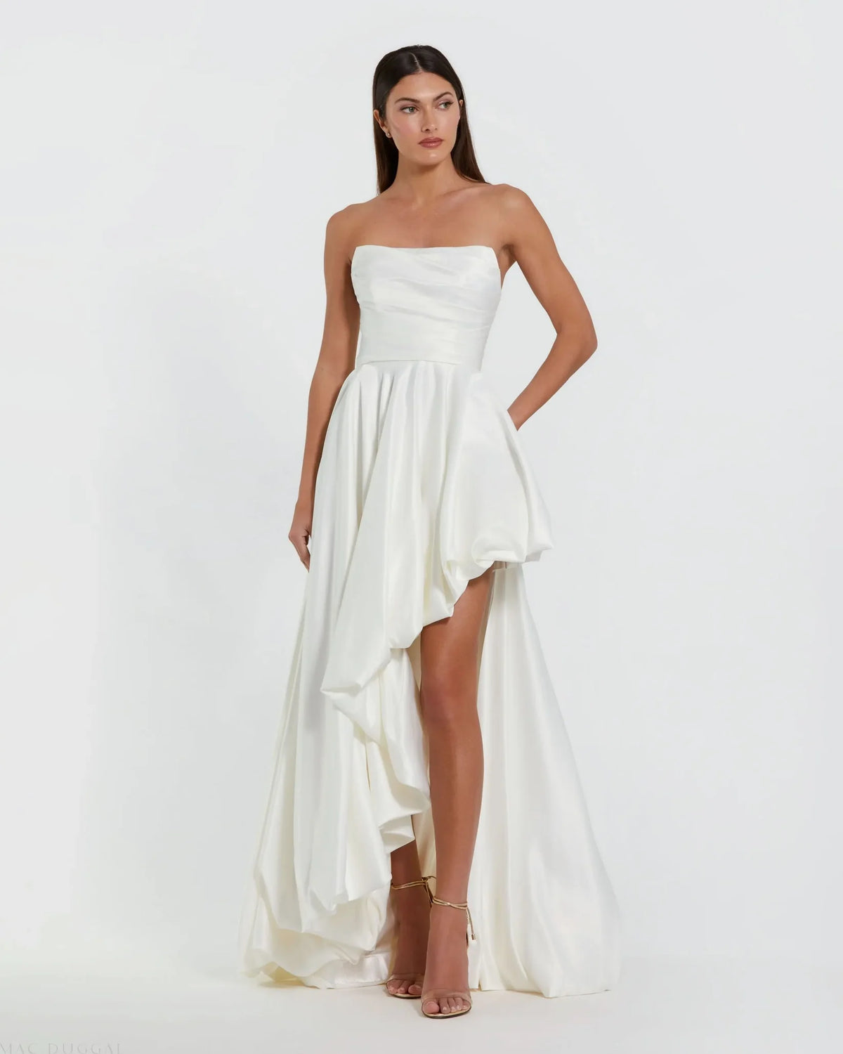 Mac Duggal, Strapless Ruched High Low Gown #11685 White Ivory Bridal