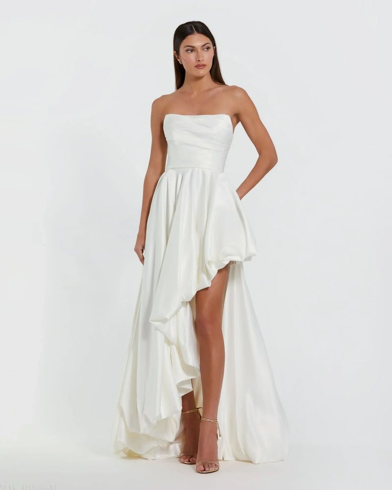 Mac Duggal, Strapless Ruched High Low Gown #11685 White Ivory Bridal