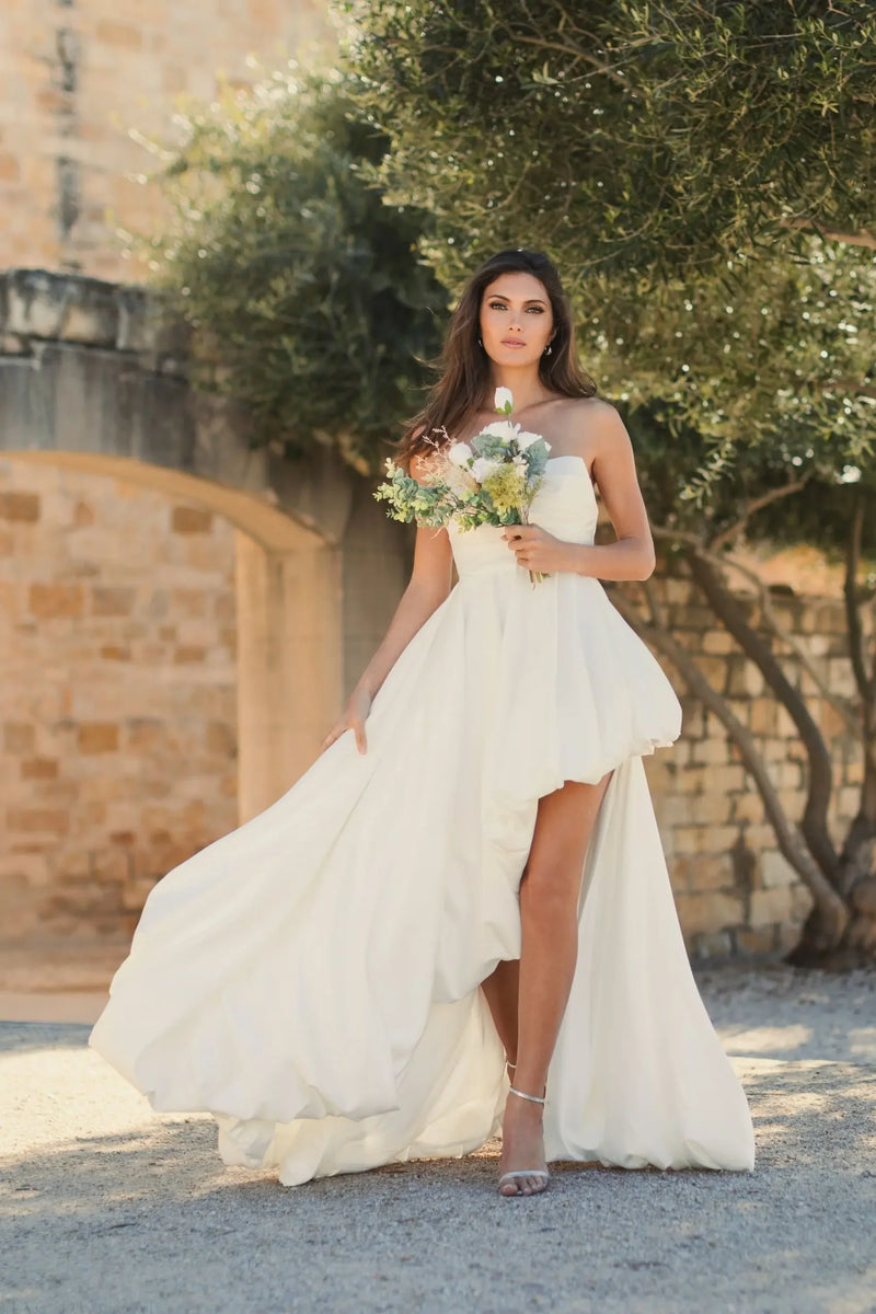 Strapless Ruched Hi Low Dress - White