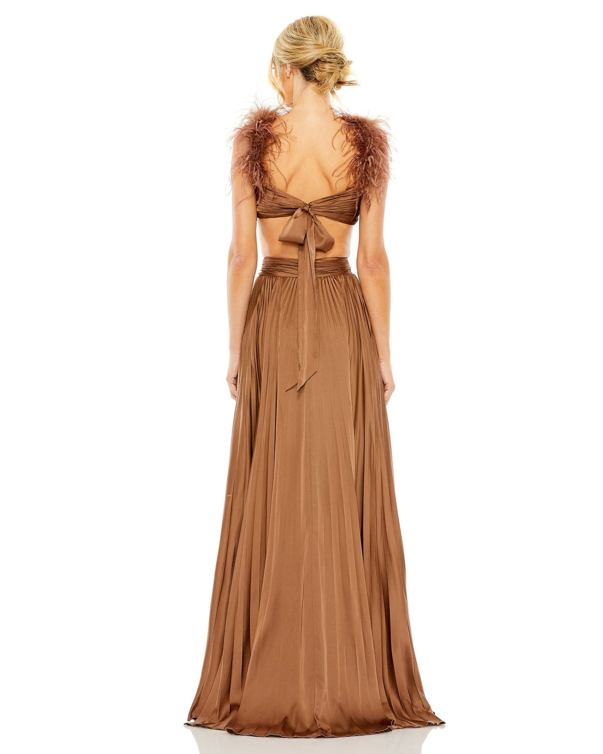 Mac Duggal, PLEATED FEATHER CAP SLEEVE OPEN BACK GOWN, chocolate gown back view