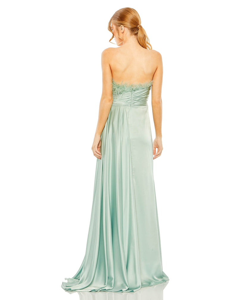 STRAPLESS FEATHER DETAIL SATIN GOWN - Seafoam Style #11690 Designer: Mac Duggal back view