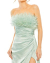 STRAPLESS FEATHER DETAIL SATIN GOWN - Seafoam Style #11690 Designer: Mac Duggal close up