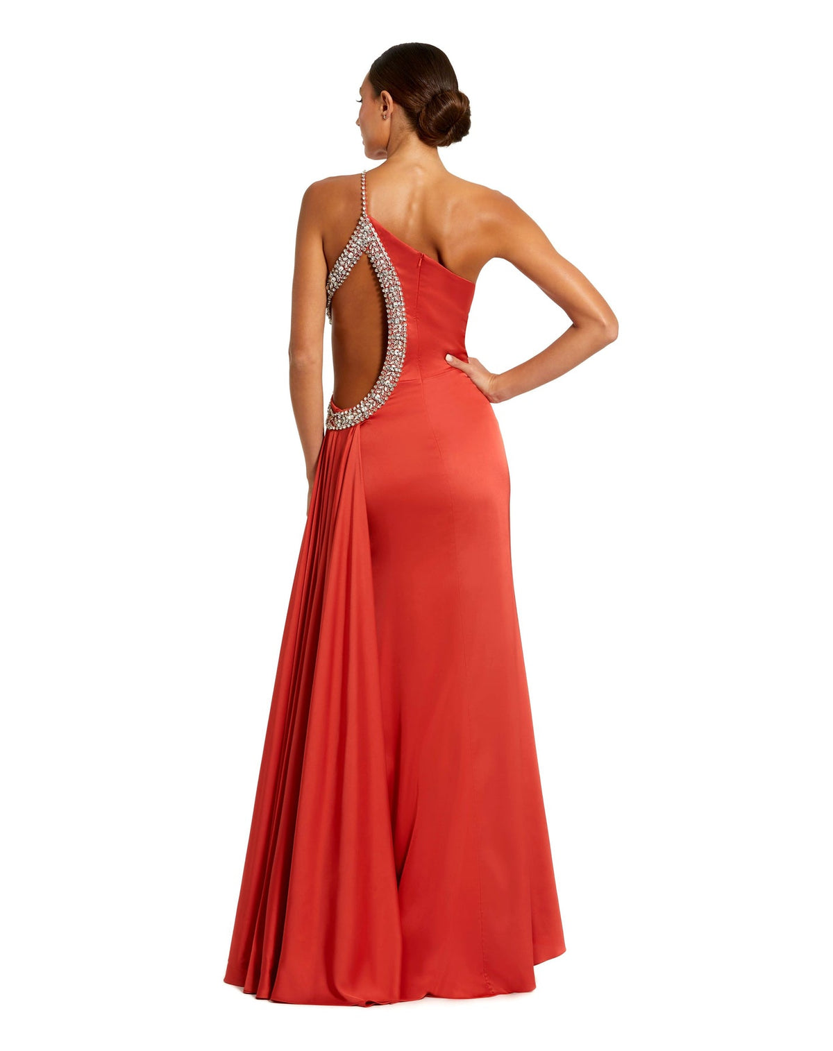 Mac Duggal, Style #11692, Asymmetric crystal jewel embellished cut out gown - Red back