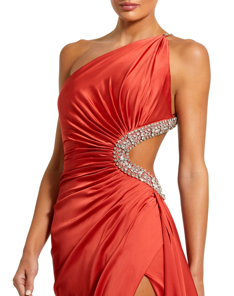 Mac Duggal, Style #11692, Asymmetric crystal jewel embellished cut out gown - Red close up
