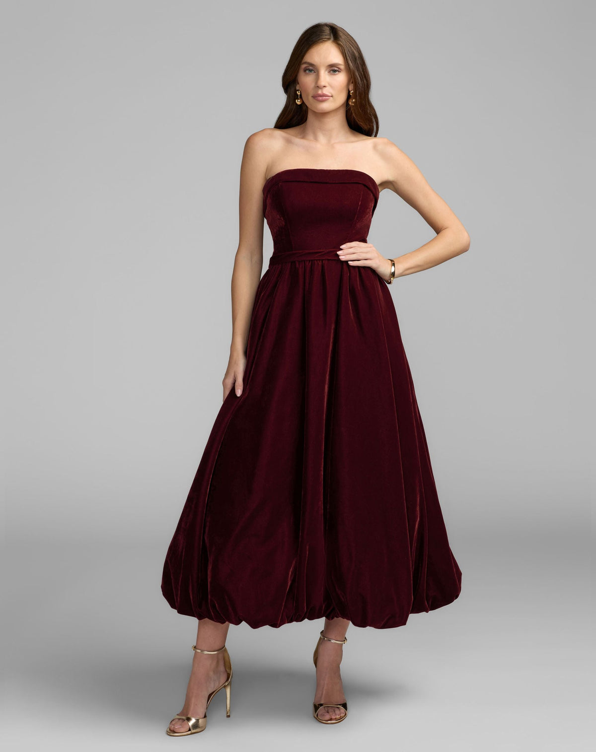 Mac Duggal #11744 wine strapless velvet a-line midi dress