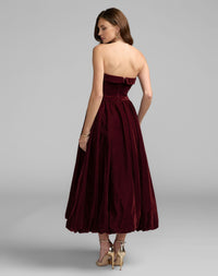 Mac Duggal #11744 wine strapless velvet a-line midi dress back view