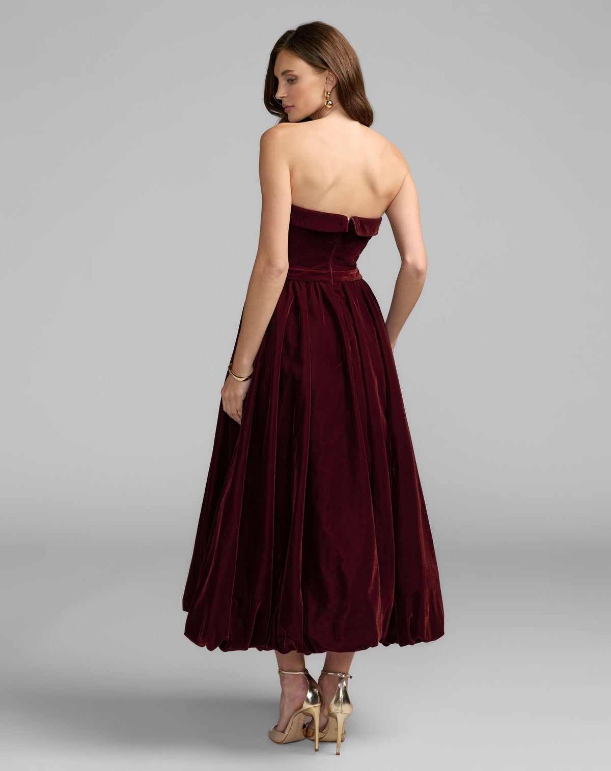 Mac Duggal #11744 wine strapless velvet a-line midi dress back view