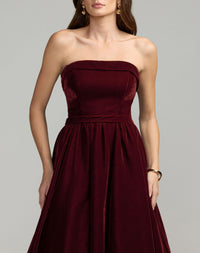 Mac Duggal #11744 wine strapless velvet a-line midi dress close-up