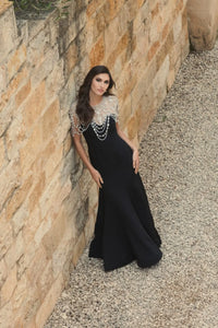Draped Pearl Beaded Mermaid Gown - Black