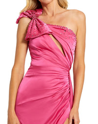 Mac Duggal, Style #11788, Satin asymmetric one shoulder bow detail gown, Pink close up