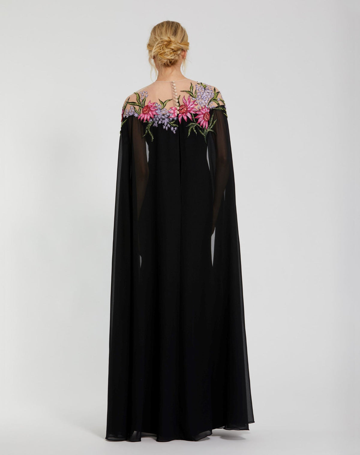 Sheer Cape Gown with Beaded Embroidery - Black