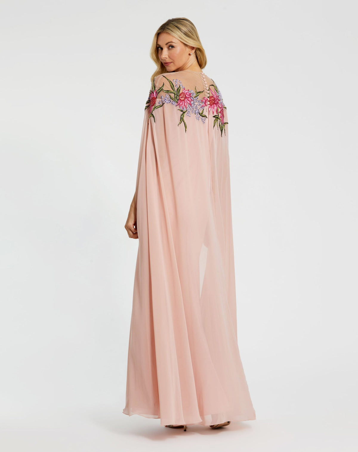 Sheer Cape Gown with Beaded Embroidery - Black