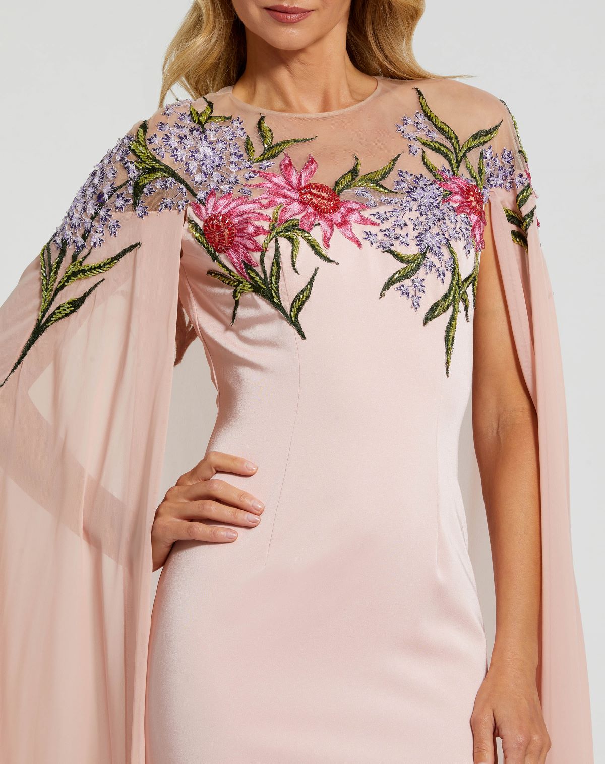 Sheer Cape Gown with Beaded Embroidery - Rose