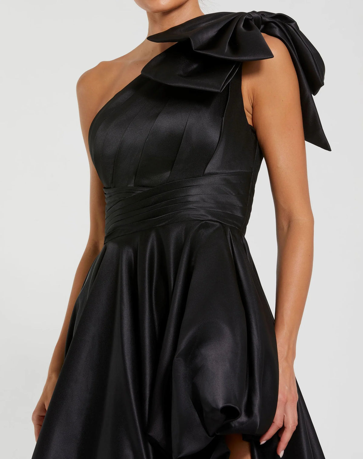Satin One Shoulder Bow Gown - Black