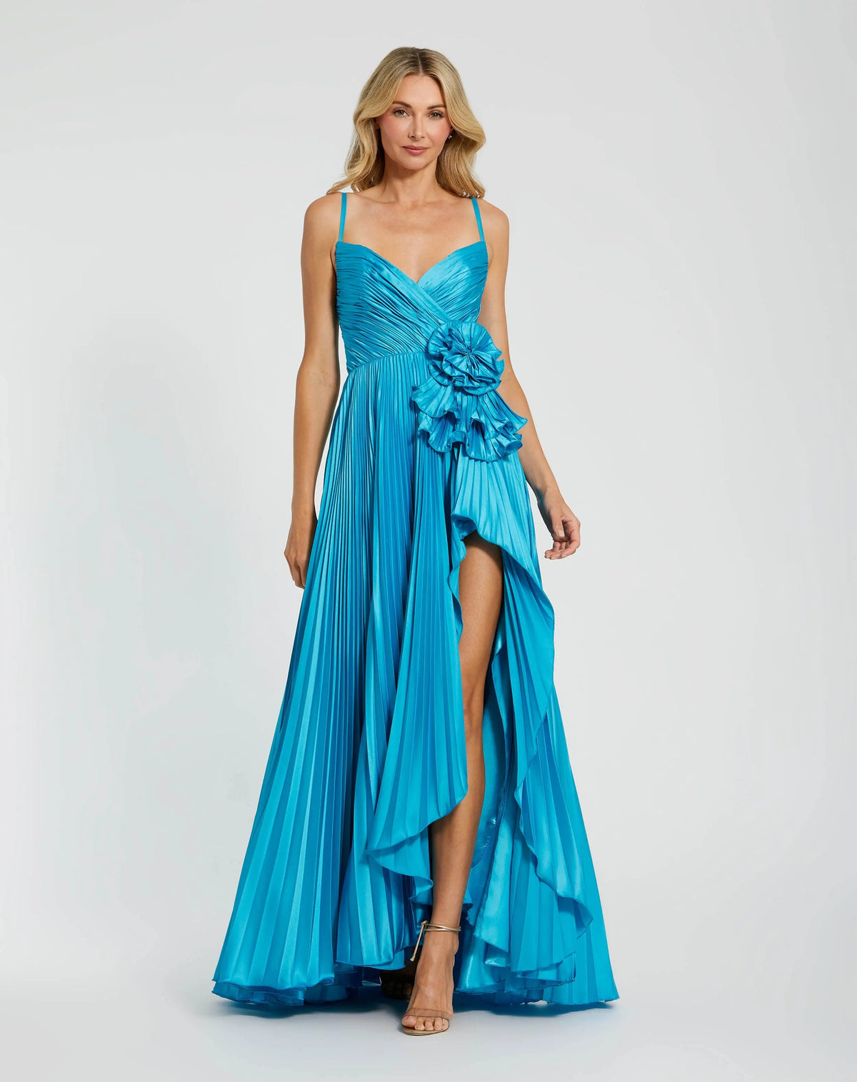 Mac Duggal 11802 Turquoise pleated high low rosette gown - front